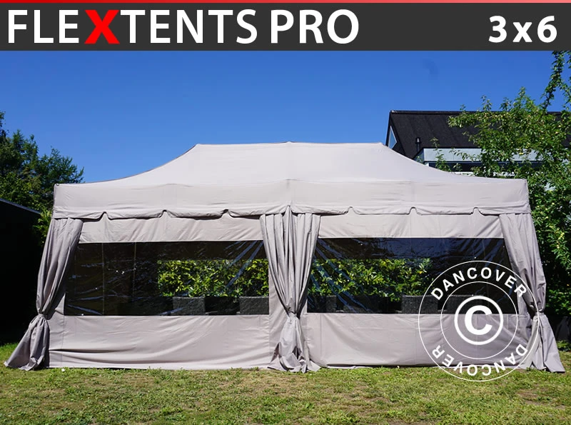 Tente Pliante FleXtents PRO "Peaked" 3x6m Latte, Incl. 6 Parois Latérales Et 6 Rideaux Décoratifs 1 Tente Pliante FleXtents PRO "Peaked" 3x6m Latte, Incl. 6 Parois Latérales Et 6 Rideaux Décoratifs