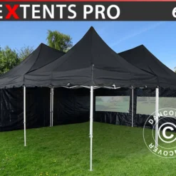 Tente Pliante FleXtents PRO Peak Pagoda 6x6m, Noire, 8 Parois Latérales Incluses