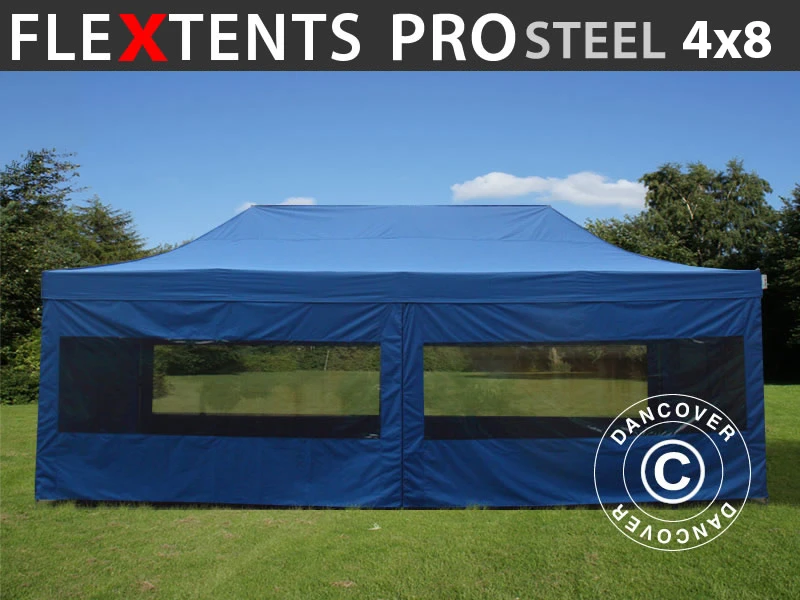 Tente Pliante FleXtents PRO Steel 4x8m Bleu, Avec 6 Cotés 1 Tente Pliante FleXtents PRO Steel 4x8m Bleu, Avec 6 Cotés