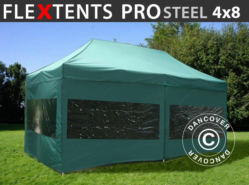 Tente Pliante FleXtents PRO Steel 4x8m Vert, Avec 6 Cotés 1 Tente Pliante FleXtents PRO Steel 4x8m Vert, Avec 6 Cotés