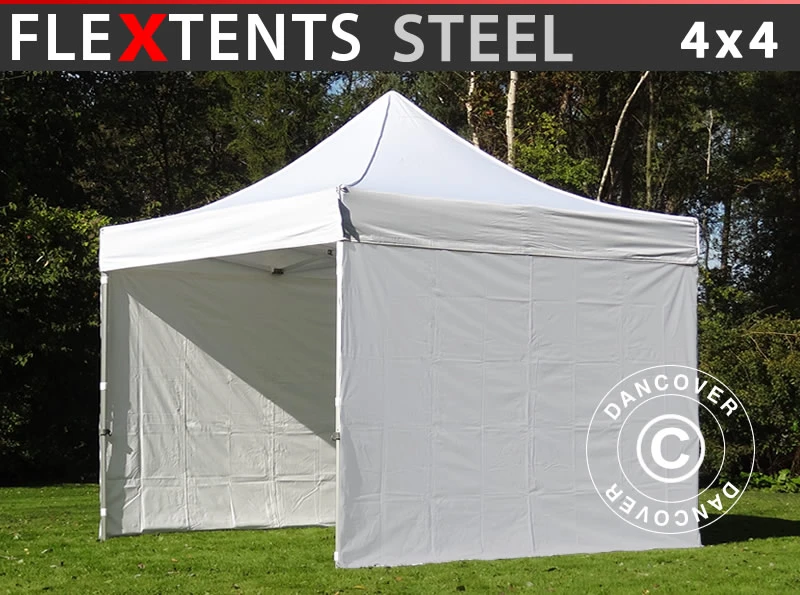 Tente Pliante FleXtents Steel 4x4m Blanc, Avec 4 Cotés 1 Tente Pliante FleXtents Steel 4x4m Blanc, Avec 4 Cotés