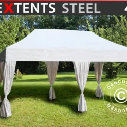 Tente Pliante FleXtents Steel 4x8m Blanc, Avec 6 Rideaux Décoratifs