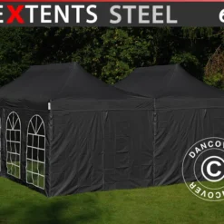 Tente Pliante FleXtents Steel 6x6m Noir, 8 Parois Latérales Inclus