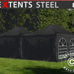 Tente Pliante FleXtents Steel 8x6m Noir, 8 Parois Latérales Inclus