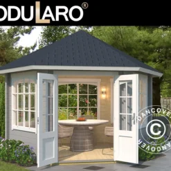 Tonnelle En Bois Alicante, Hexagonale 3,5x3,03x3,07m, 44mm, Gris Clair