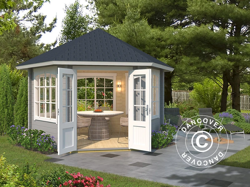 Tonnelle En Bois Alicante, Hexagonale 3,5x3,03x3,07m, 44mm, Gris Clair 2 Tonnelle En Bois Alicante, Hexagonale 3,5x3,03x3,07m, 44mm, Gris Clair – Image 2