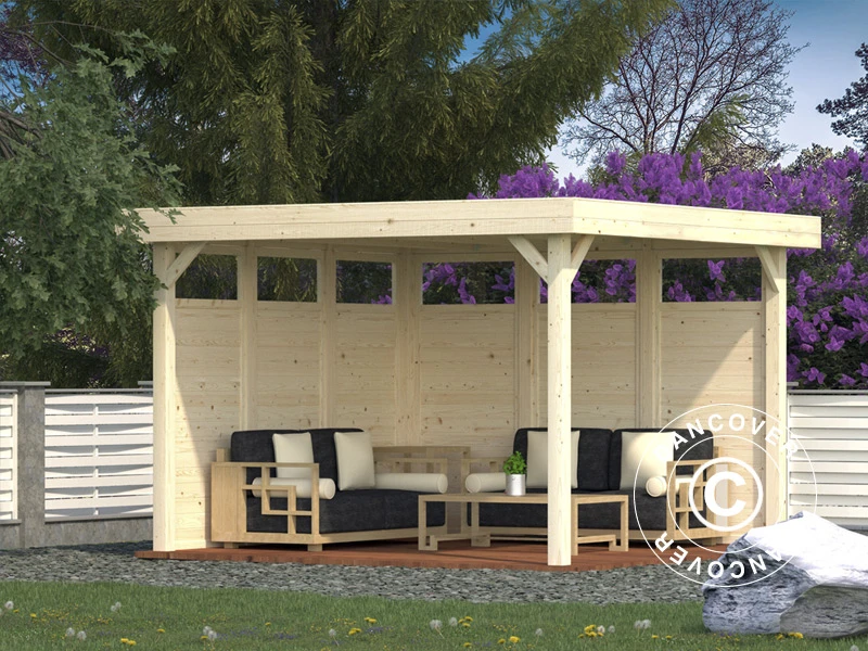 Tonnelle En Bois Avec 2 Parois Latérales, 3,49x3,49x2,54m, 12,2m², Naturel 3 Tonnelle En Bois Avec 2 Parois Latérales, 3,49x3,49x2,54m, 12,2m², Naturel – Image 3